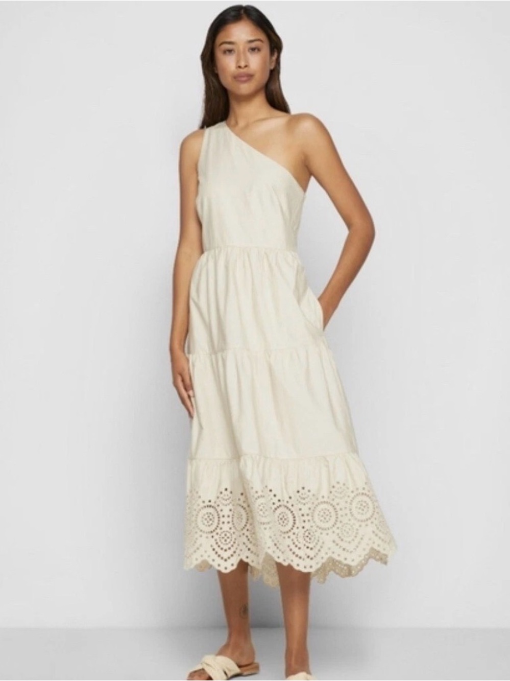 Gap Women’s One Shoulder Beige khaki  Dress Eyelet‎ Trim 100% Cotton 8 Petite
